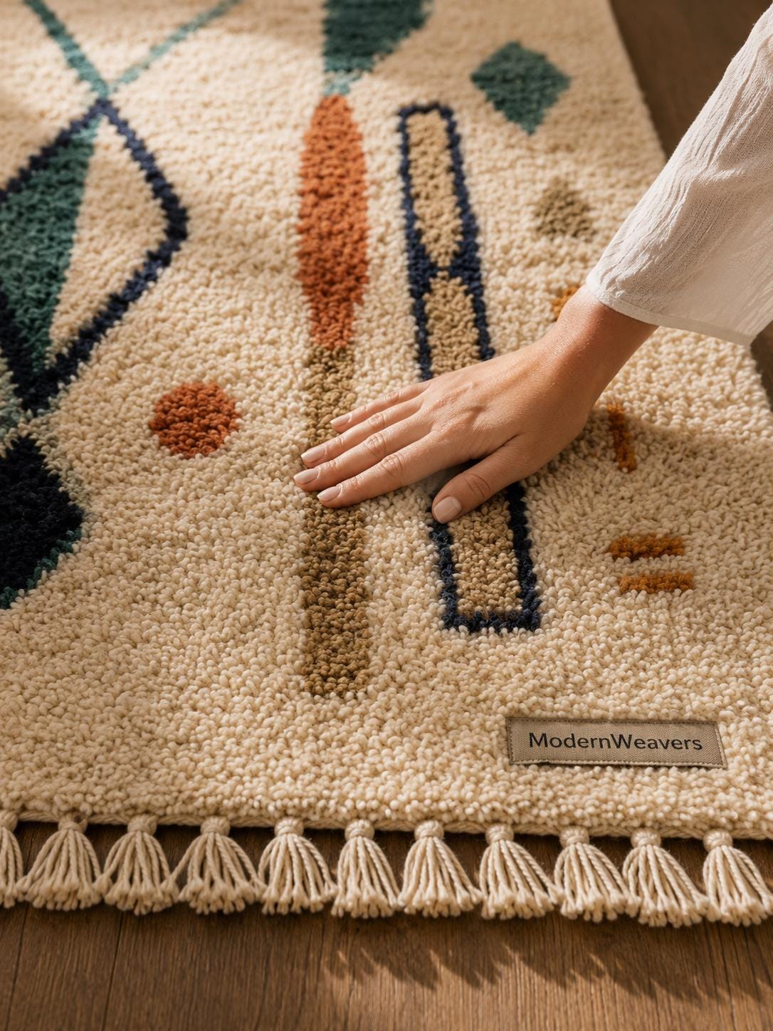 Abstract Geometric Moroccan Rug | Hand-Knotted Wool Shag Carpet | Bohemian Tribal Home Decor