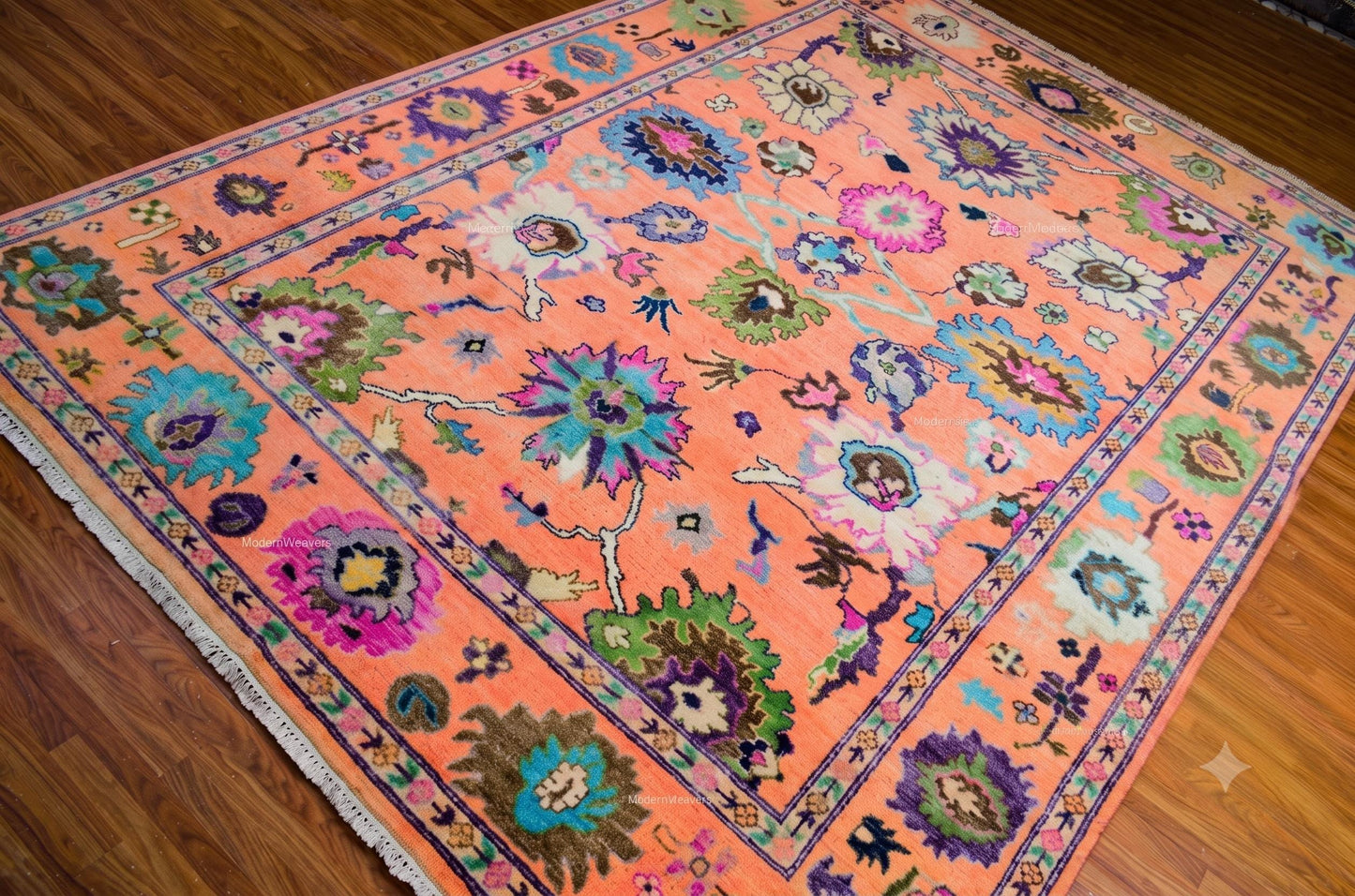 Hand-Knotted Wool Rug – Oushak Style Orange Floral Carpet, Artisan Area Rug