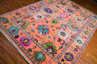 Hand-Knotted Wool Rug – Oushak Style Orange Floral Carpet, Artisan Area Rug