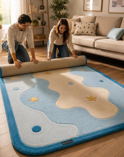 Hand Tufted Cloud Stars Nursery Rug | Pastel Blue Playroom Carpet, Kids Floor Art