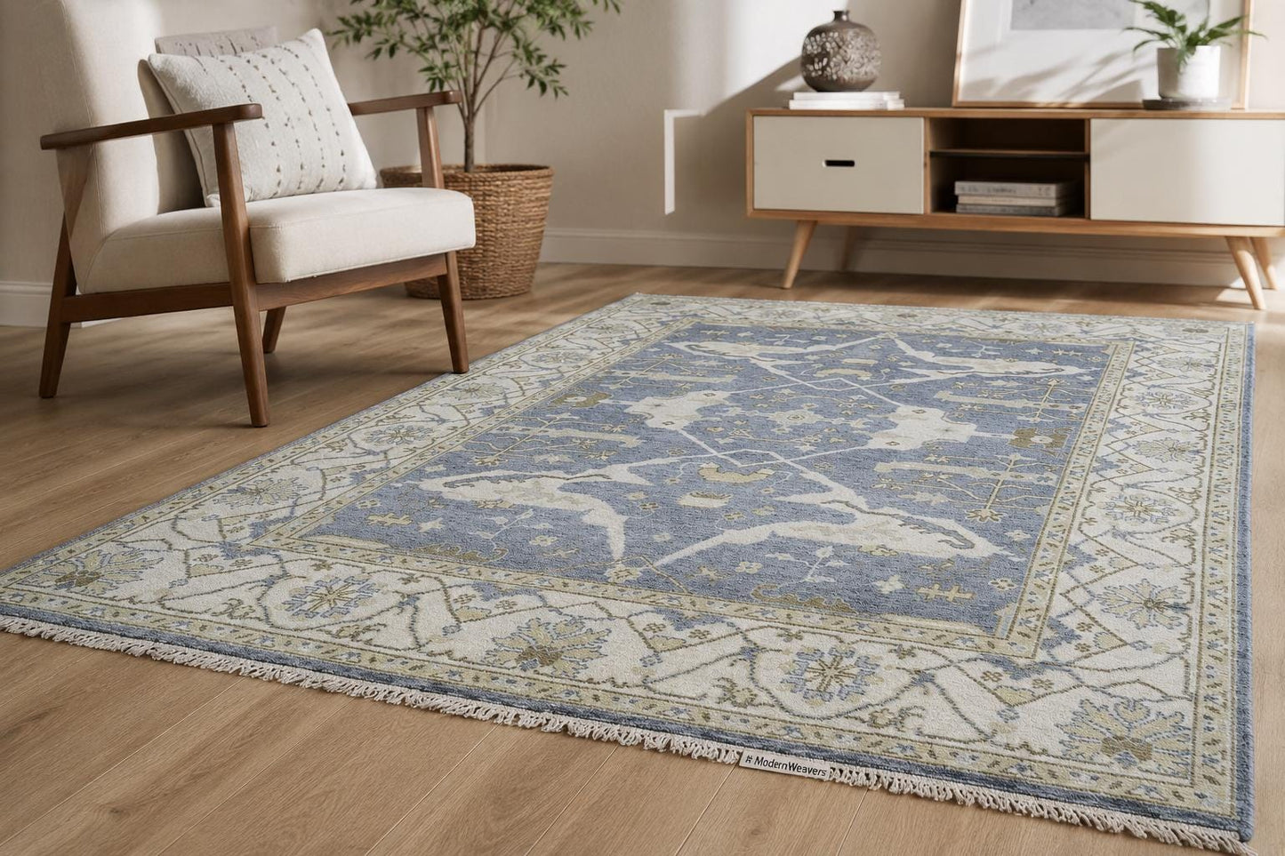 Hand-Knotted Oushak Style Wool Rug | Blue Ivory Geometric Medallion Carpet 8x10