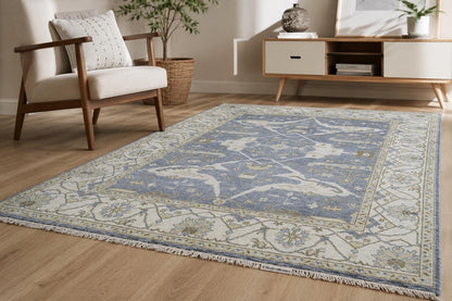 Hand-Knotted Oushak Style Wool Rug | Blue Ivory Geometric Medallion Carpet 8x10