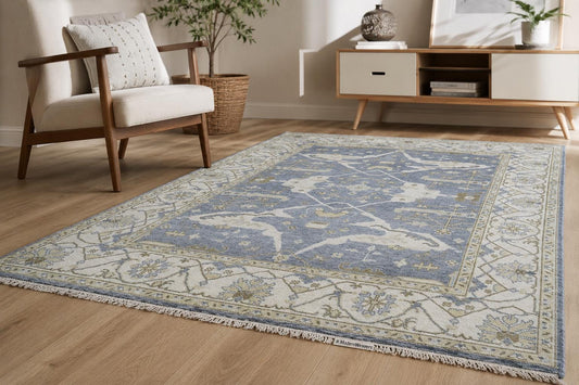 Hand-Knotted Oushak Style Wool Rug | Blue Ivory Geometric Medallion Carpet 8x10