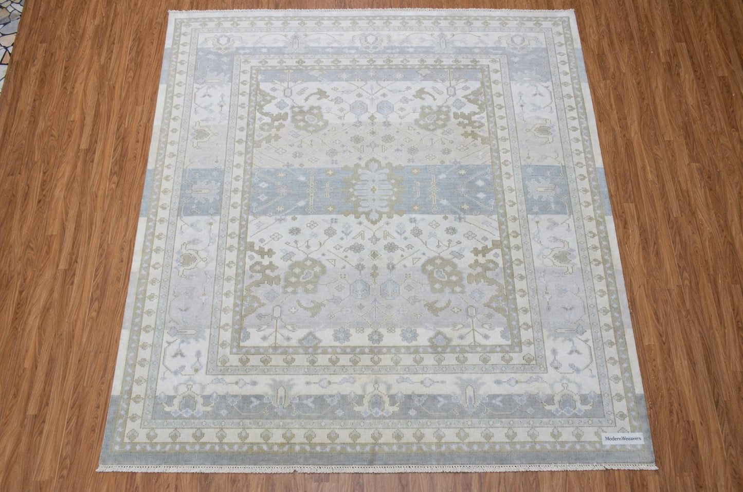 Hand-Knotted Oushak Style Rug | Muted Pastel Blue, Ivory, Taupe Wool Area Carpet