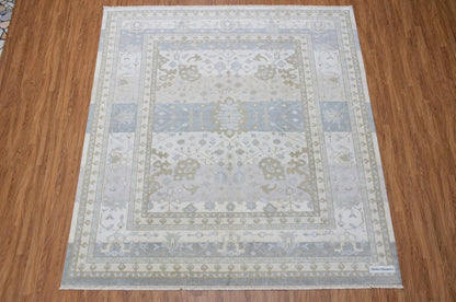 Hand-Knotted Oushak Style Rug | Muted Pastel Blue, Ivory, Taupe Wool Area Carpet