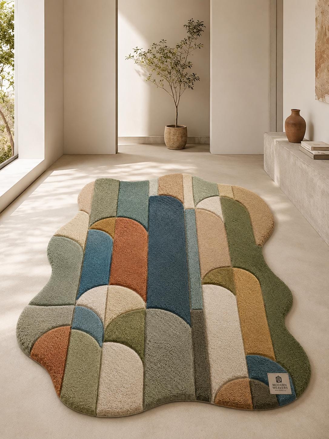 Organic Shape Hand Tufted Rug | Mid-Century Modern Geometric Arch Design | Colorful Retro Carved Area Rug | Abstract Bauhaus Carpet