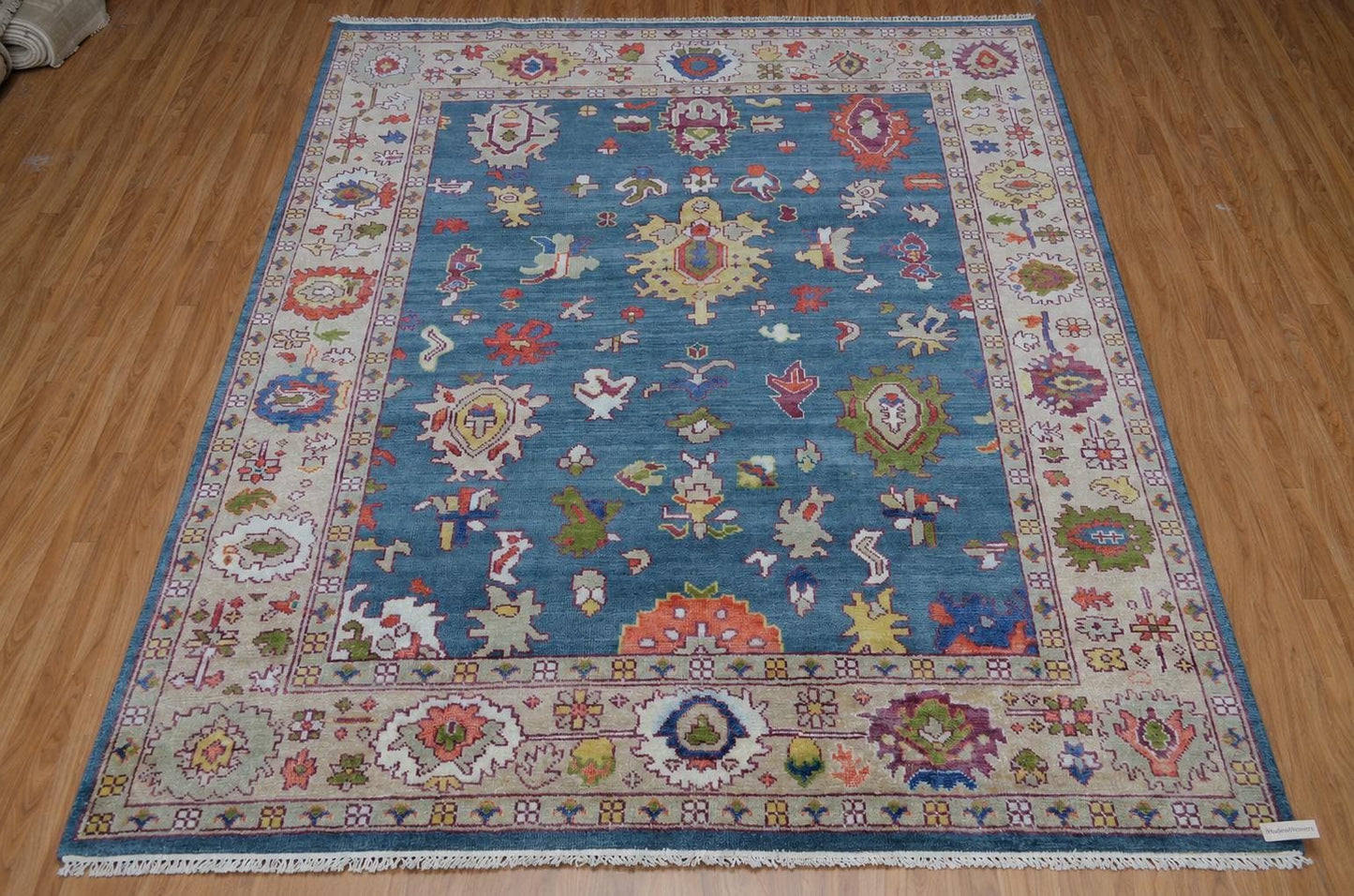 Blue Hand Knotted Rug 8x10, Transitional Turkish Style Area Rug with Pastel Motifs, Pastel Blue and Cream Aesthetic Bedroom Rug