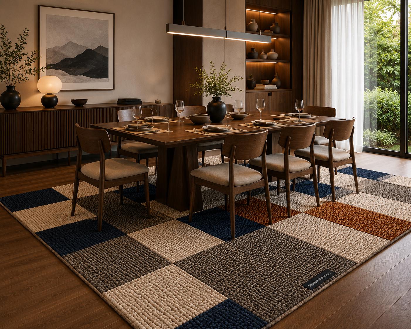 Modern Geometric Loop-Tufted Area Rug | Navy Blue, Mustard & Charcoal Textured Rug