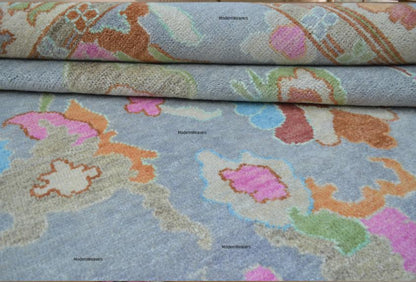 Hand-Knotted Wool Oriental Floral Rug – Soft Blue Pastel Accents, 8x10 Area Carpet