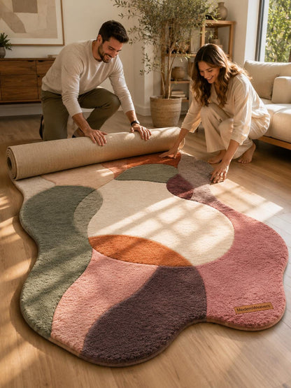 Abstract Organic Shape Tufted Rug | Wavy Edge Boho Carpet, Muted Earth Tones