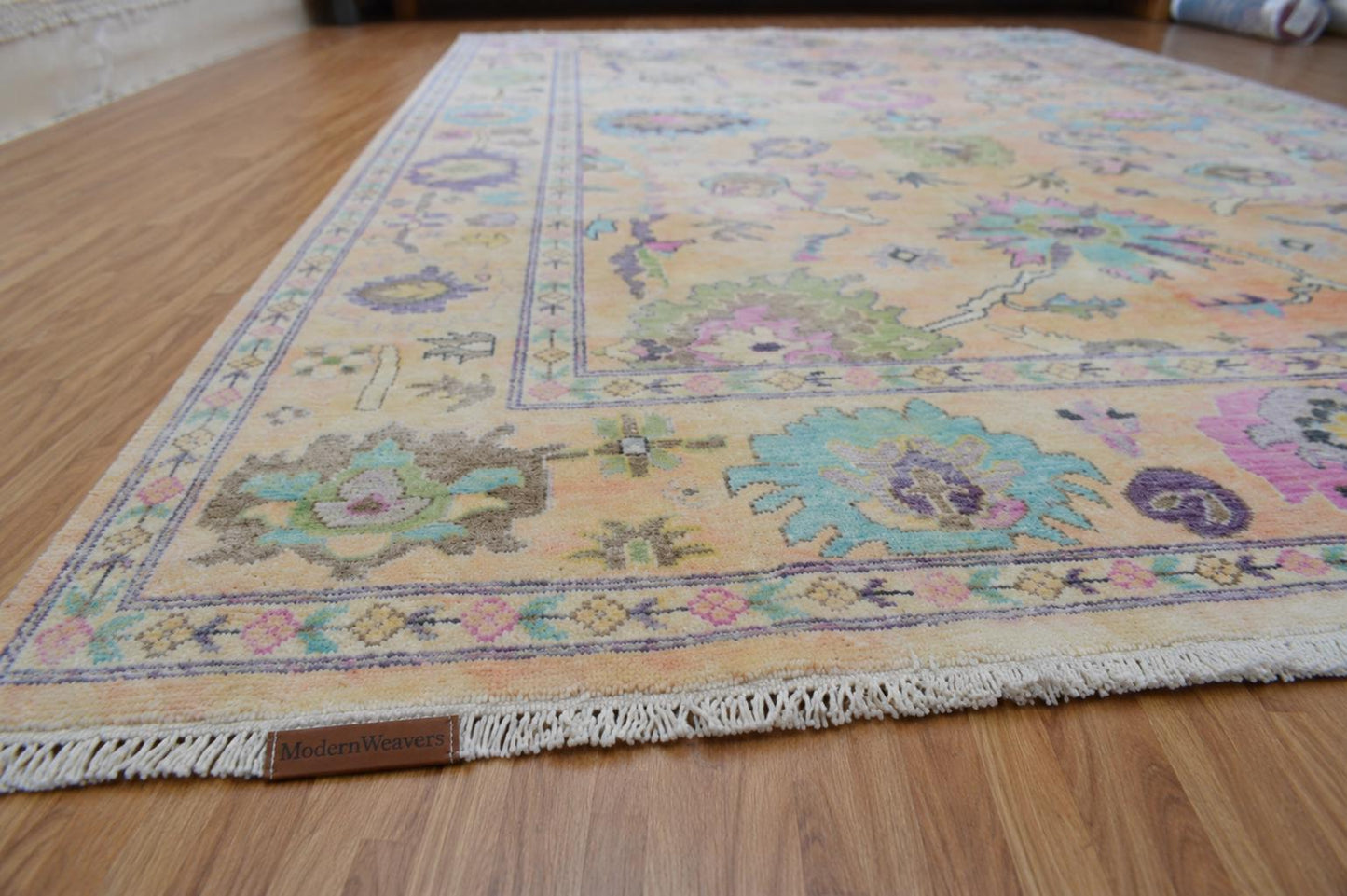 Pastel Peach Hand Knotted Rug | Large Floral Turkish Oushak Carpet | Muted Lavender and Green Accent Rug | Wool Area Rug