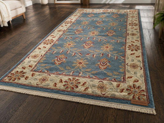 Hand-Knotted Blue Floral Area Rug with Ivory Border | Traditional Vintage Style Wool Rug | Elegant Vine Lattice Rug for Living Room, Bedroom