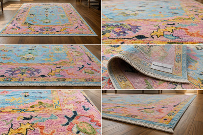 Boho-Chic Hand-Knotted Wool Rug, Pink & Blue Floral Pattern – ModernWeavers Statement Piece for Living Room