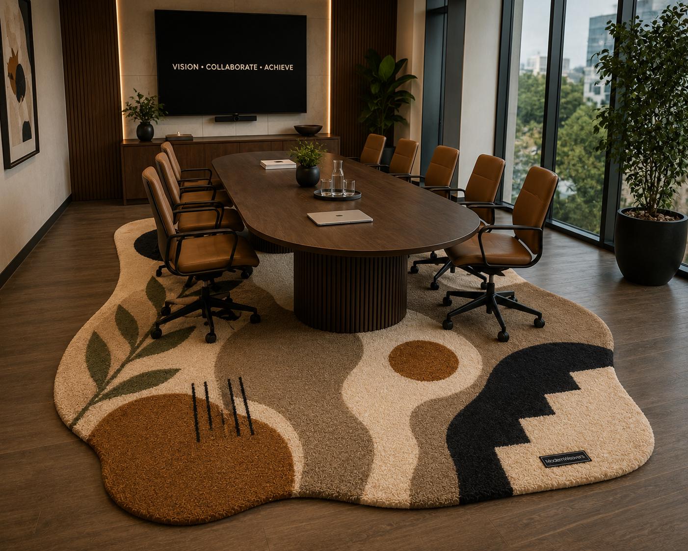 Abstract Irregular Shape Tufted Rug | Wabi Sabi Organic Edge Carpet | Neutral Earth Tone Floor Art | Boho Geometric Sun & Botanical Decor