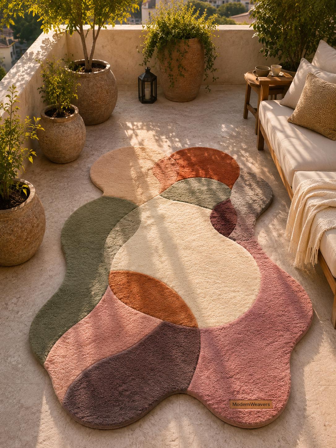 Abstract Organic Shape Tufted Rug | Wavy Edge Boho Carpet, Muted Earth Tones
