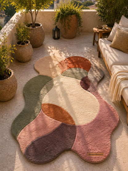 Abstract Organic Shape Tufted Rug | Wavy Edge Boho Carpet, Muted Earth Tones