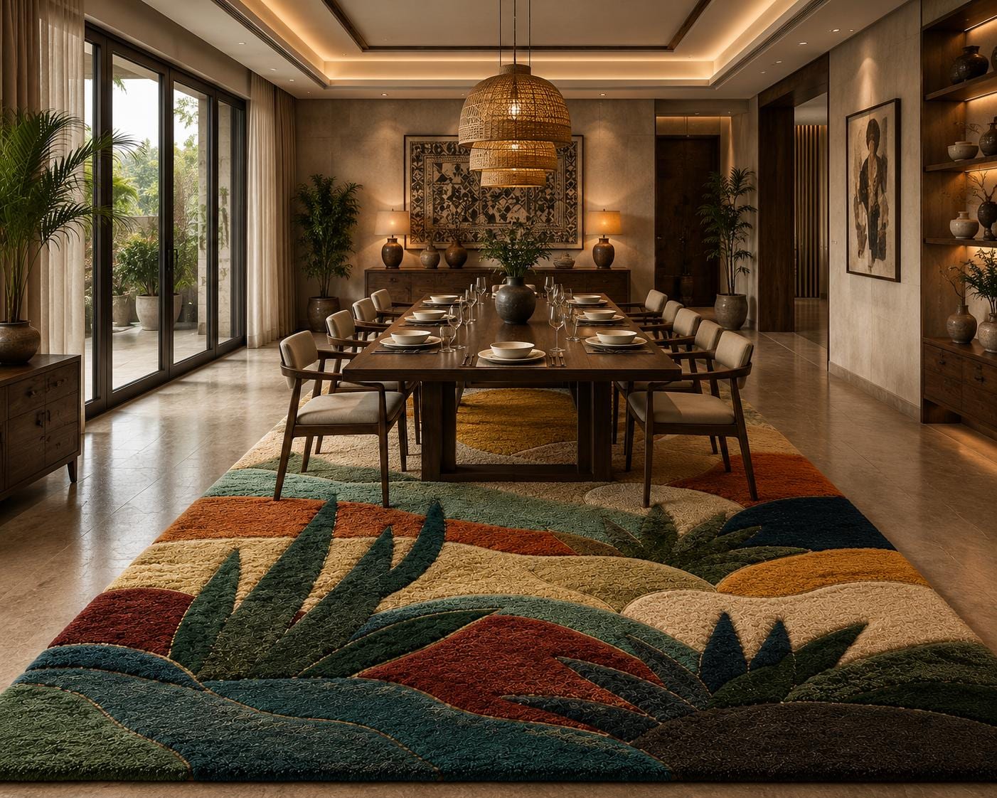 3D Abstract Desert Landscape Rug | Hand-Tufted Sunset Botanical Carpet | Southwestern Boho Decor