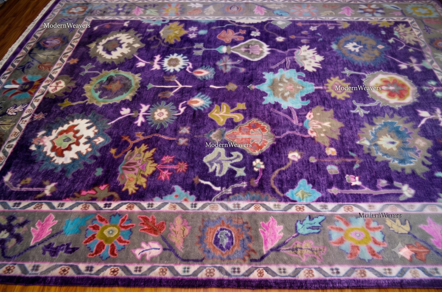 Hand-Knotted Wool Oushak Rug – Royal Purple Floral Traditional Carpet 9x12
