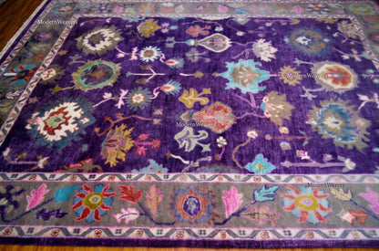 Hand-Knotted Wool Oushak Rug – Royal Purple Floral Traditional Carpet 9x12