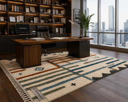 Hand Knotted Moroccan Rug | Abstract Linear Tribal Carpet, Boho Teal Rust Fringed Floor Art