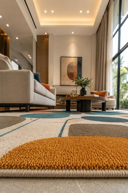 Mid-Century Modern Abstract Area Rug | Hand Tufted Geometric Carpet with Organic Shapes | Retro Contemporary Room Decor