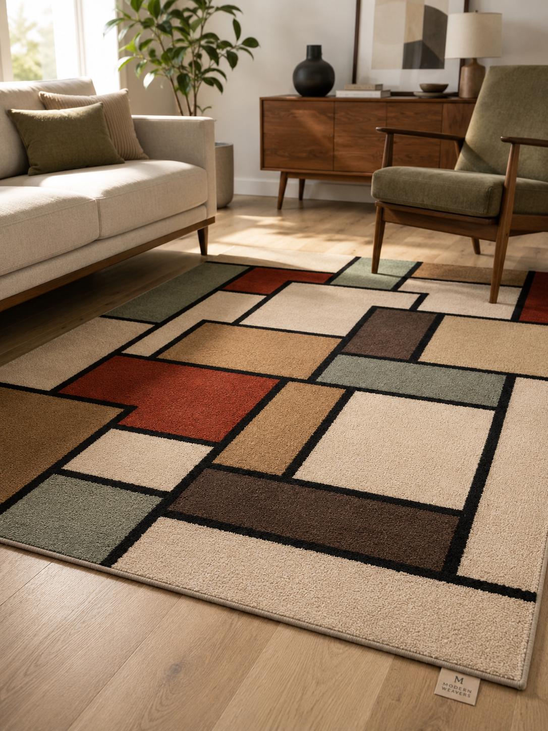 Hand-Tufted Geometric Area Rug | Mid-Century Modern Abstract Block Design | Earthy Contemporary Handcrafted Carpet by ModernWeavers