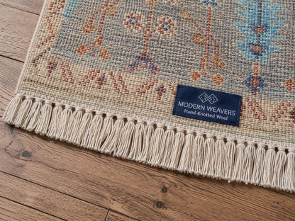 Hand Knotted Wool Area Rug | Cream & Slate Blue Oushak Style Floral Rug | Traditional Vintage Inspired Carpet for Living Room, Bedroom |