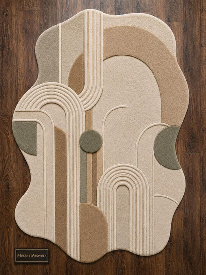 Modern Abstract Hand Tufted Rug | Neutral Geometric Arch Area Rug | Boho Earth Tone 3D Textured Carpet | Wavy Minimalist Room Decor