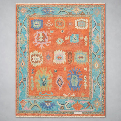 Hand Knotted Wool Rug | Pastel Oushak Rug | Handmade Turkish Style Area Rug | Peach Blue Vintage Inspired Carpet | Living Room Bedroom Room