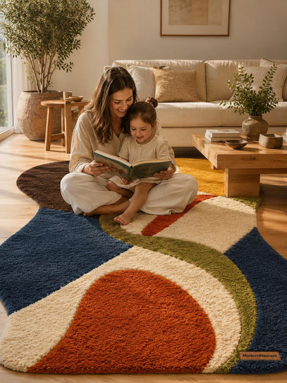 Abstract Wavy Tufted Rug | Retro 70s Colorful Carpet, Mid Century Modern Floor Art