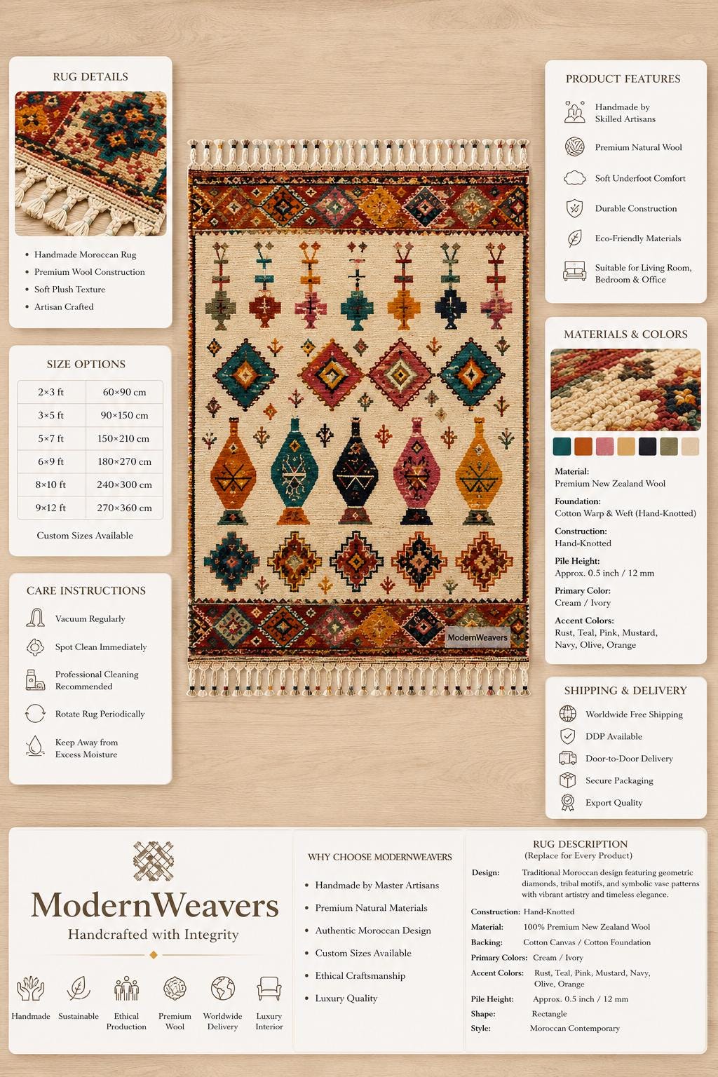 Hand Knotted Moroccan Rug | Colorful Geometric Boho Area Carpet, Jewel Tone Motifs