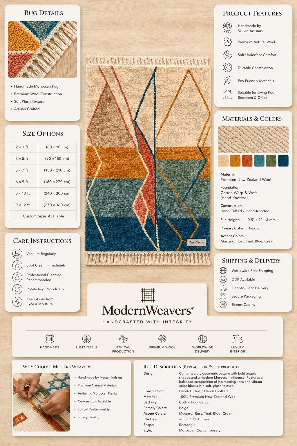Hand Knotted Moroccan Wool Rug | Abstract Sunset Geometric Carpet, Boho Teal Mustard Coral