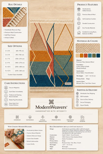 Hand Knotted Moroccan Wool Rug | Abstract Sunset Geometric Carpet, Boho Teal Mustard Coral