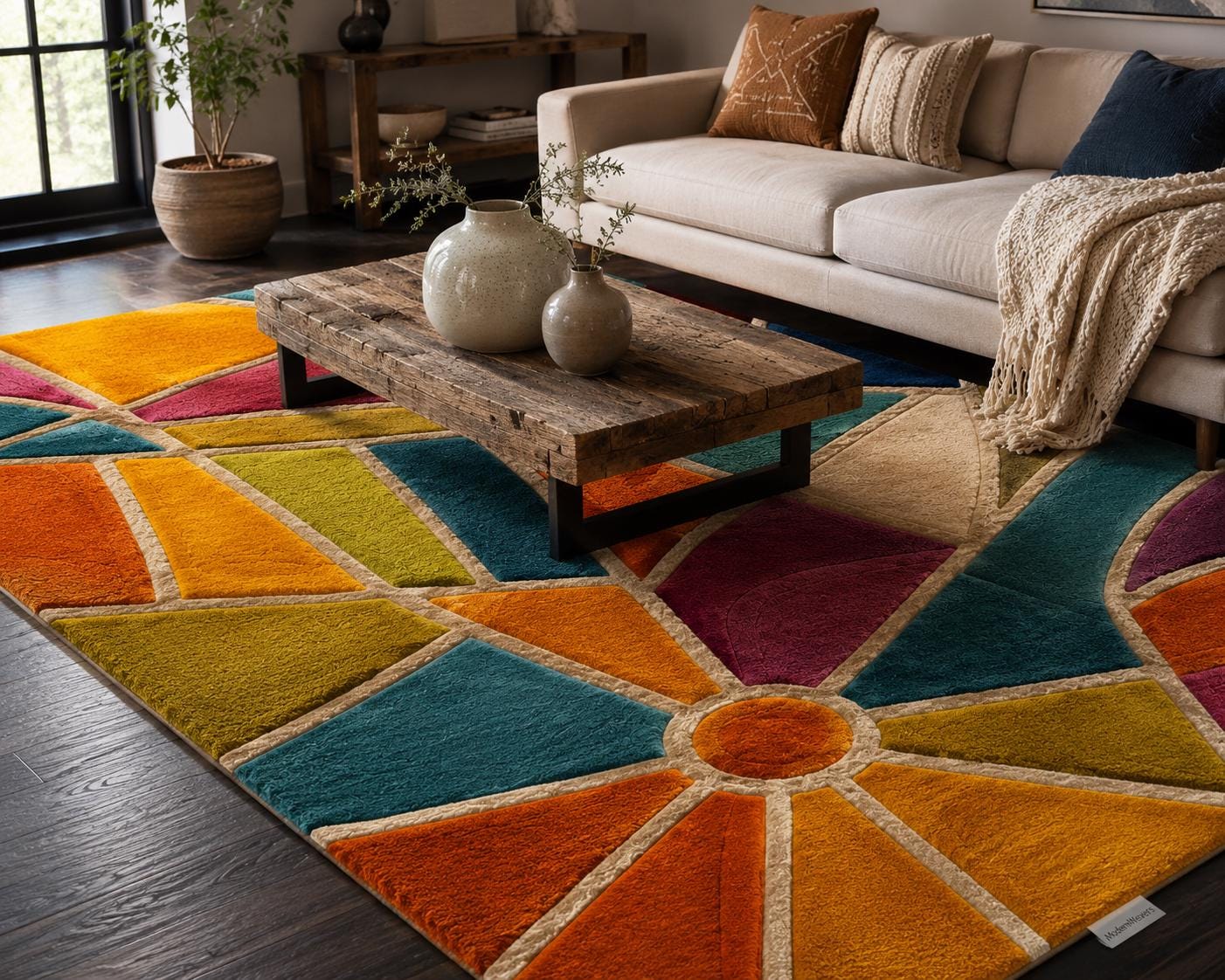 Cubist Abstract Geometric Area Rug | Hand-Tufted Stained-Glass Design | Bold Teal, Orange & Magenta Art Deco Accent Artisan Carved Carpet