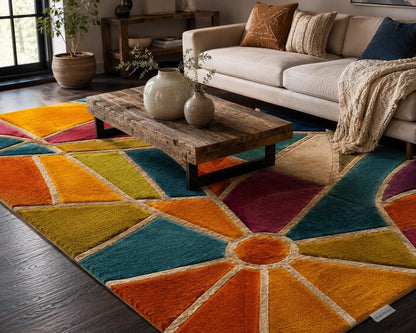Cubist Abstract Geometric Area Rug | Hand-Tufted Stained-Glass Design | Bold Teal, Orange & Magenta Art Deco Accent Artisan Carved Carpet