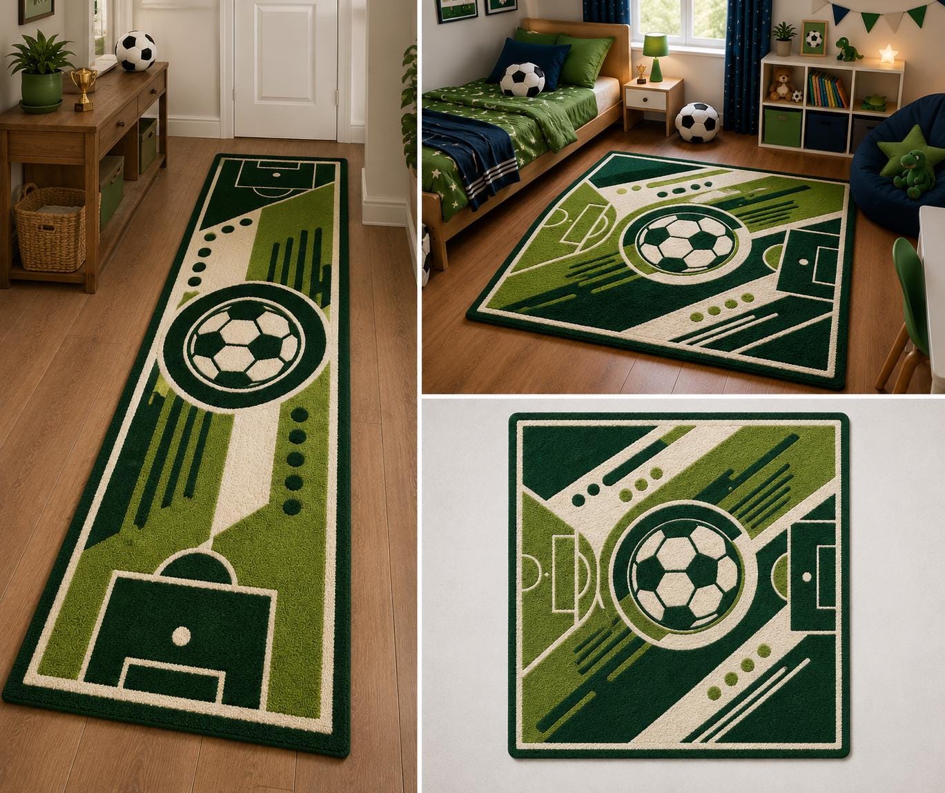 Round Soccer Ball Rug | 3D Carved Football Pitch Carpet, Kids Sports Room Decor
