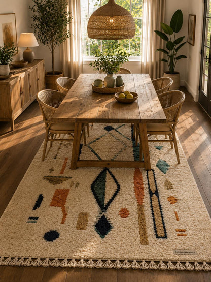 Abstract Geometric Moroccan Rug | Hand-Knotted Wool Shag Carpet | Bohemian Tribal Home Decor