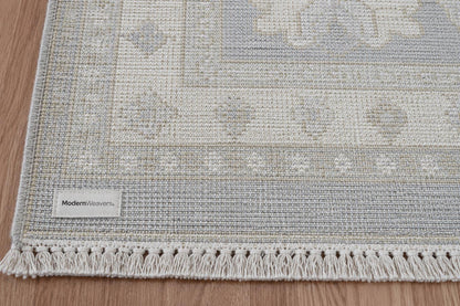 Hand-Knotted Oushak Style Rug | Muted Pastel Blue, Ivory, Taupe Wool Area Carpet