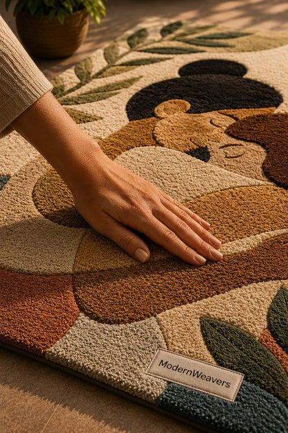 3D Carved Embrace Tufted Rug | Abstract Women Silhouette Carpet | Romantic Boho Floor Art | Earth Tone Botanical Decor | Wabi Sabi Rug