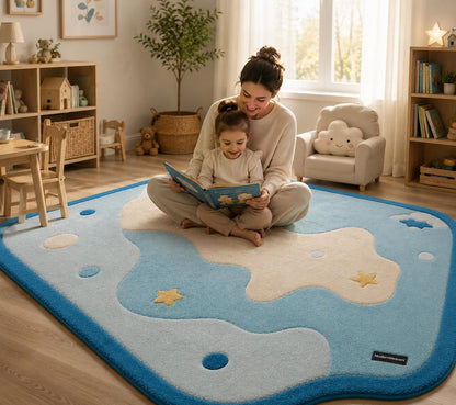 Hand Tufted Cloud Stars Nursery Rug | Pastel Blue Playroom Carpet, Kids Floor Art