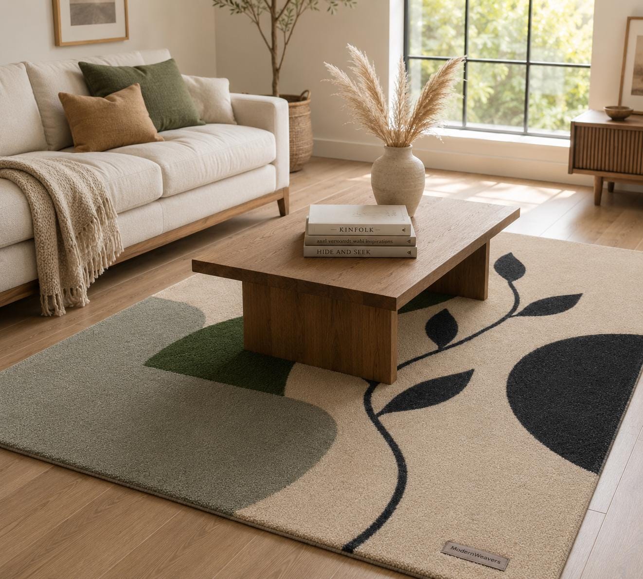 Mid-Century Modern Abstract Botanical Rug | Hand-Tufted Organic Shape Area Rug | Minimalist Leaf Design Carpet for Living Room & Bedroom