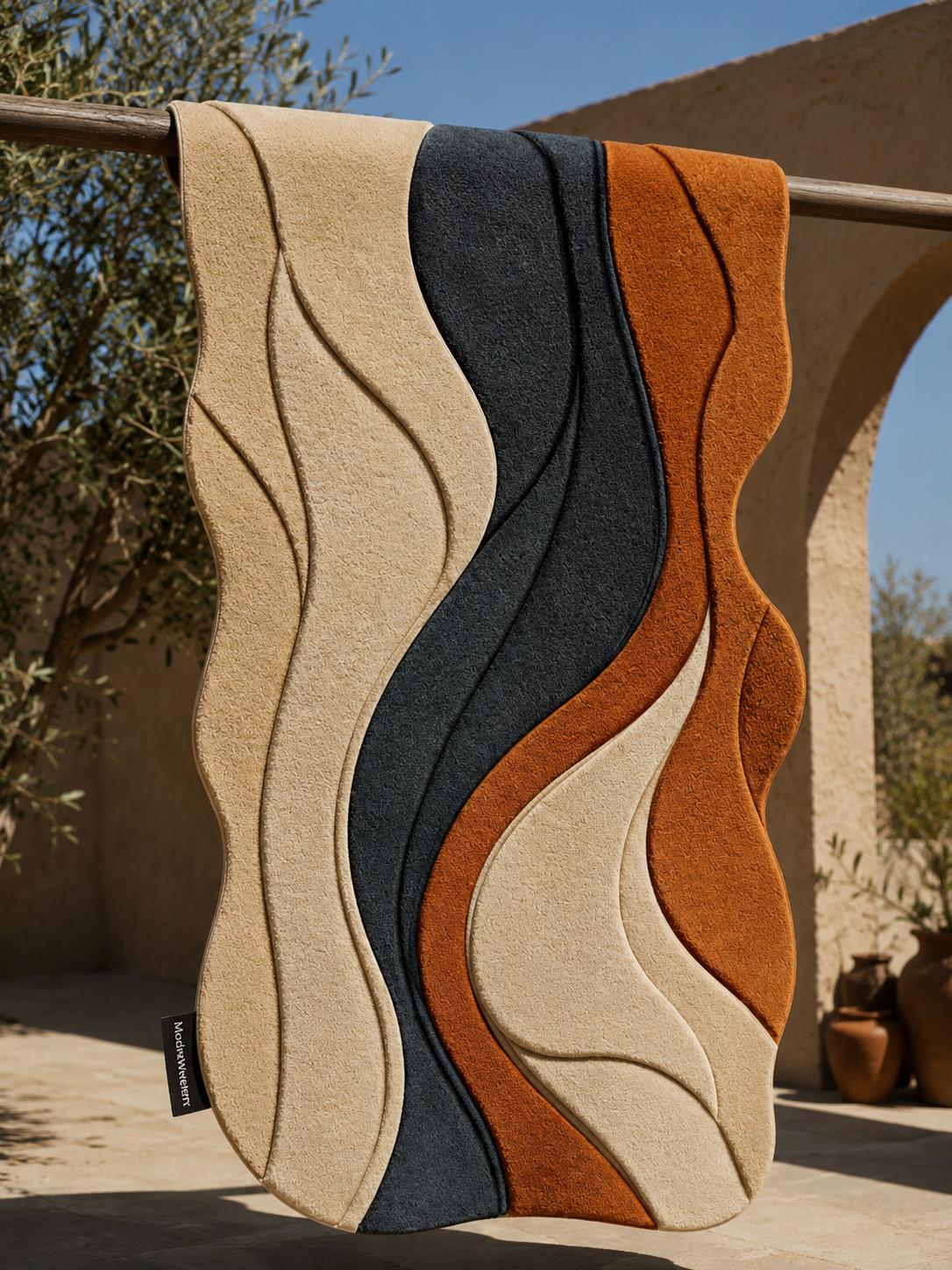 Abstract Wavy Hand Tufted Rug | Organic 3D Textured Area Rug | Terracotta & Charcoal Boho Decor | Mid Century Modern Irregular Carpet