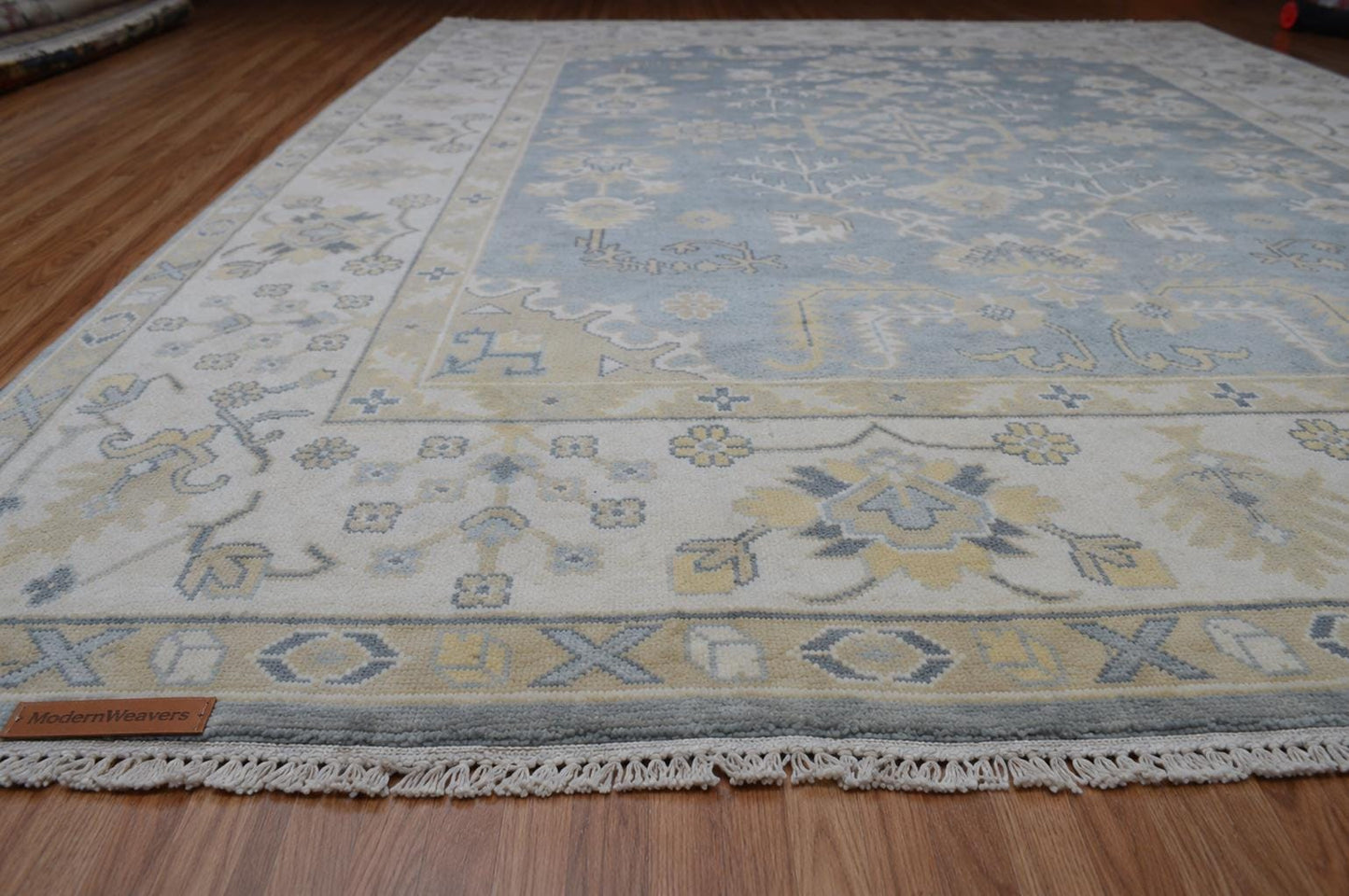 Hand-Knotted Wool Rug | Slate Blue Ivory Oushak Style Area Carpet (9x12)