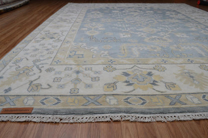 Hand-Knotted Wool Rug | Slate Blue Ivory Oushak Style Area Carpet (9x12)