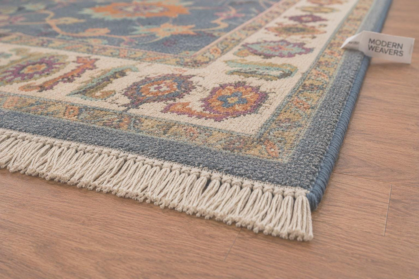 Hand-Knotted Slate Blue Area Rug | Vintage-Inspired Oushak Floral Motif | Cream & Pastel Accents | Boho Mid-Century Modern Living Room Rug