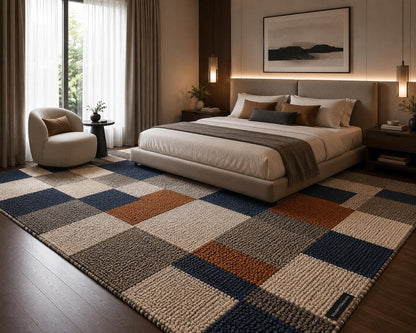 Modern Geometric Loop-Tufted Area Rug | Navy Blue, Mustard & Charcoal Textured Rug