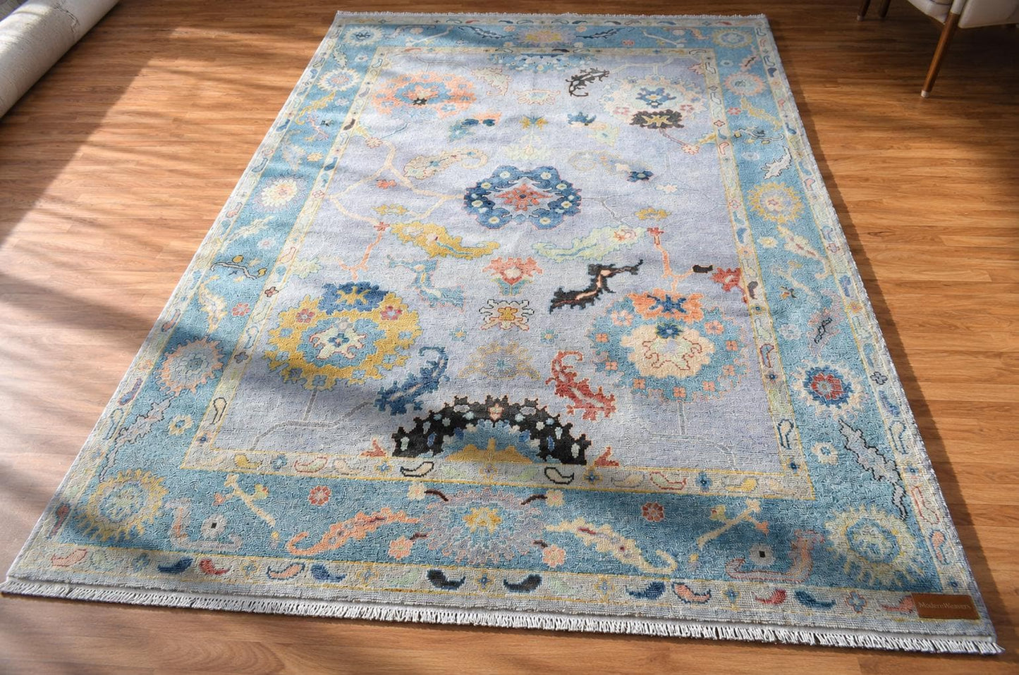 Hand-Knotted Oushak Style Rug | Pastel Blue Floral Wool Carpet 9'x12'