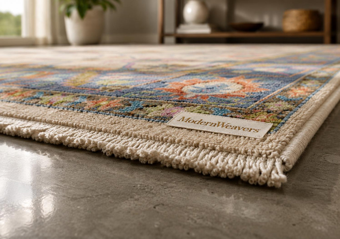 Hand-Knotted Floral Area Rug | Cream & Slate Blue Transitional Rug with Vibrant Geometric Accents | Living Room Bedroom Room Carpet