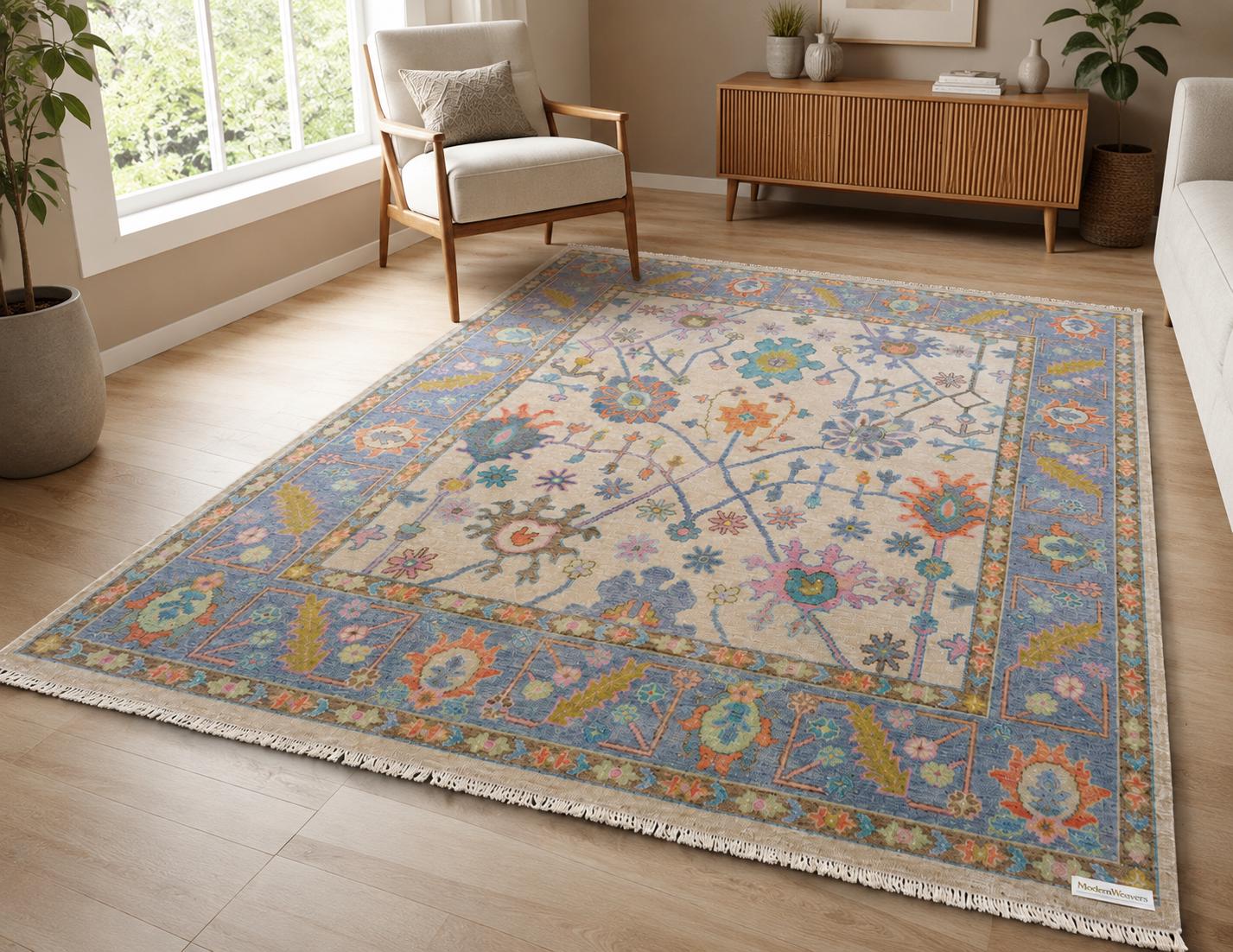 Hand-Knotted Floral Area Rug | Cream & Slate Blue Transitional Rug with Vibrant Geometric Accents | Living Room Bedroom Room Carpet