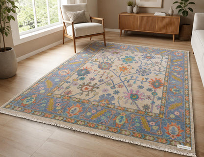 Hand-Knotted Floral Area Rug | Cream & Slate Blue Transitional Rug with Vibrant Geometric Accents | Living Room Bedroom Room Carpet